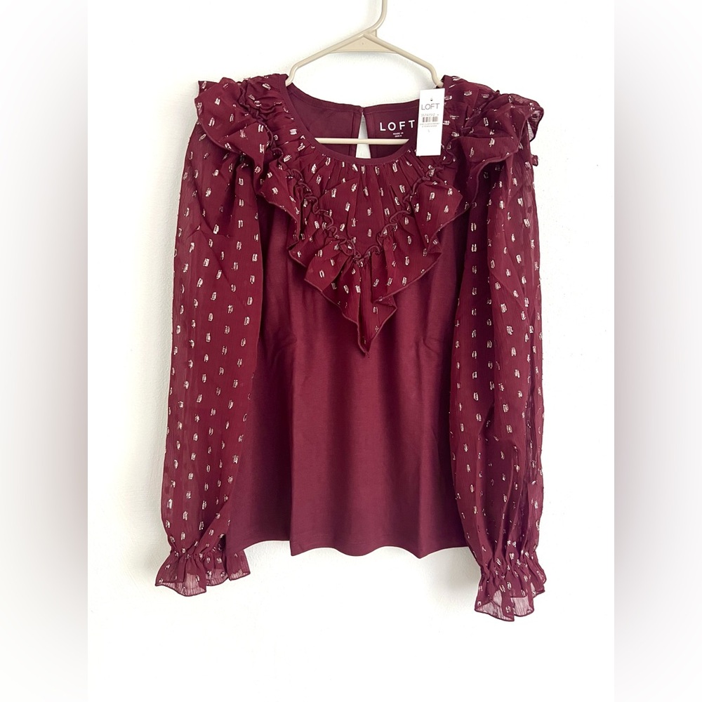 LOFT Ruffle Yoke Knit Top in Crushed BlackBerry